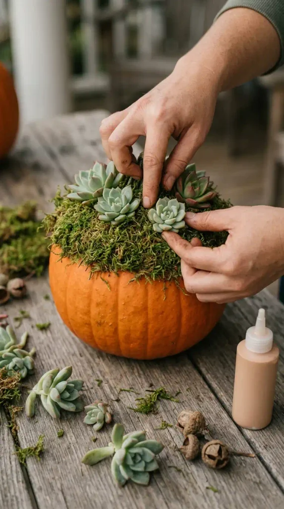 Hands gluing succulents onto moss on top of an uncarved pumpkin planter