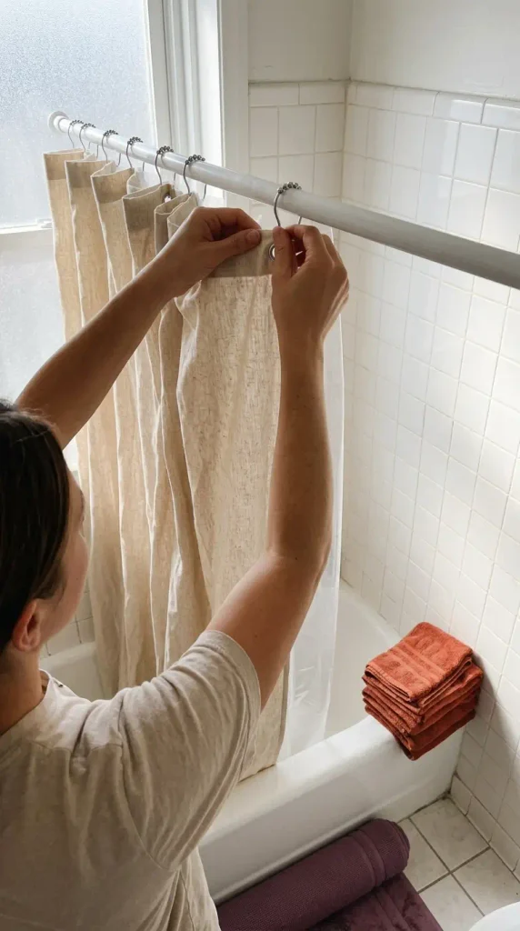 Hands hanging a cotton shower curtain on a tension rod for renter-friendly fall bathroom decor