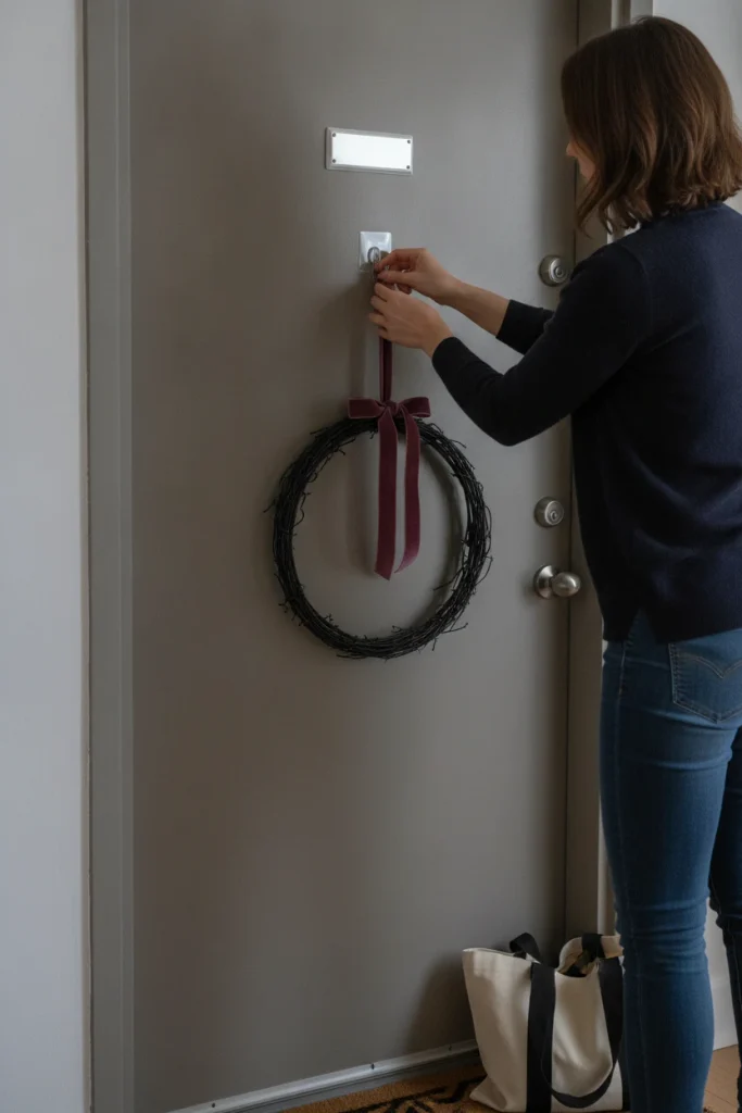 Hands hanging a no drill adhesive hook for Halloween apartment door decor in a hallway