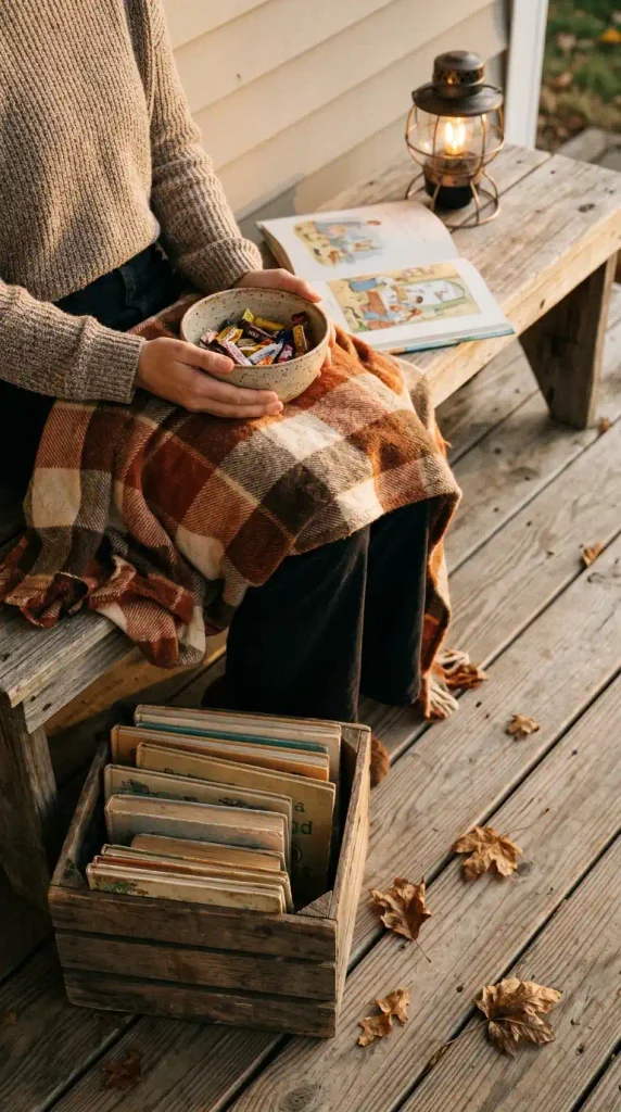 Hands holding a candy bowl on a porch bench beside a lantern and picture books for Halloween night