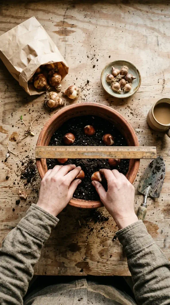 Hands layering tulip and daffodil bulbs in a deep pot for a fall garden bulb lasagna
