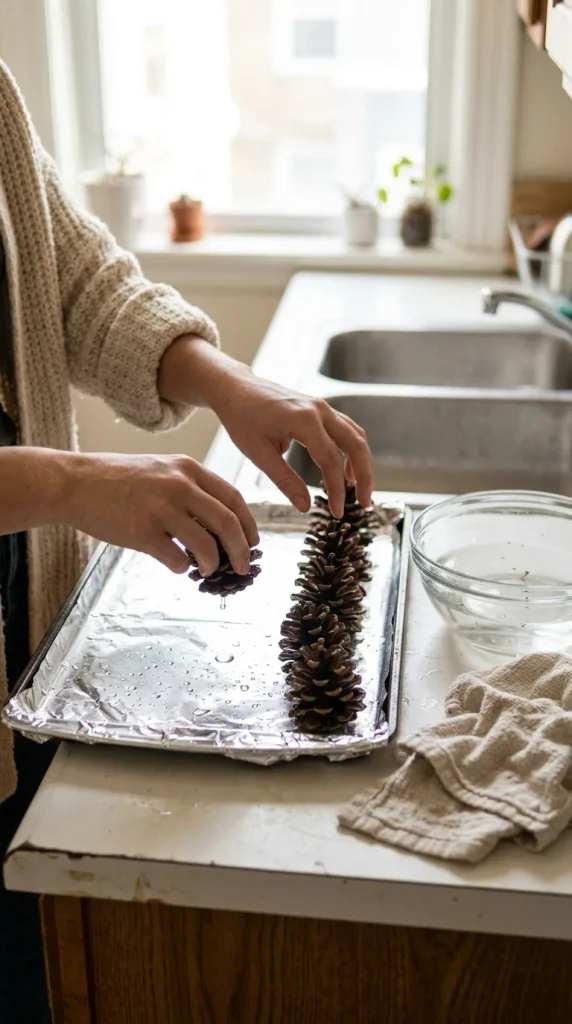 Hands laying foraged pinecones on a foil-lined baking sheet to clean them for a fall basket