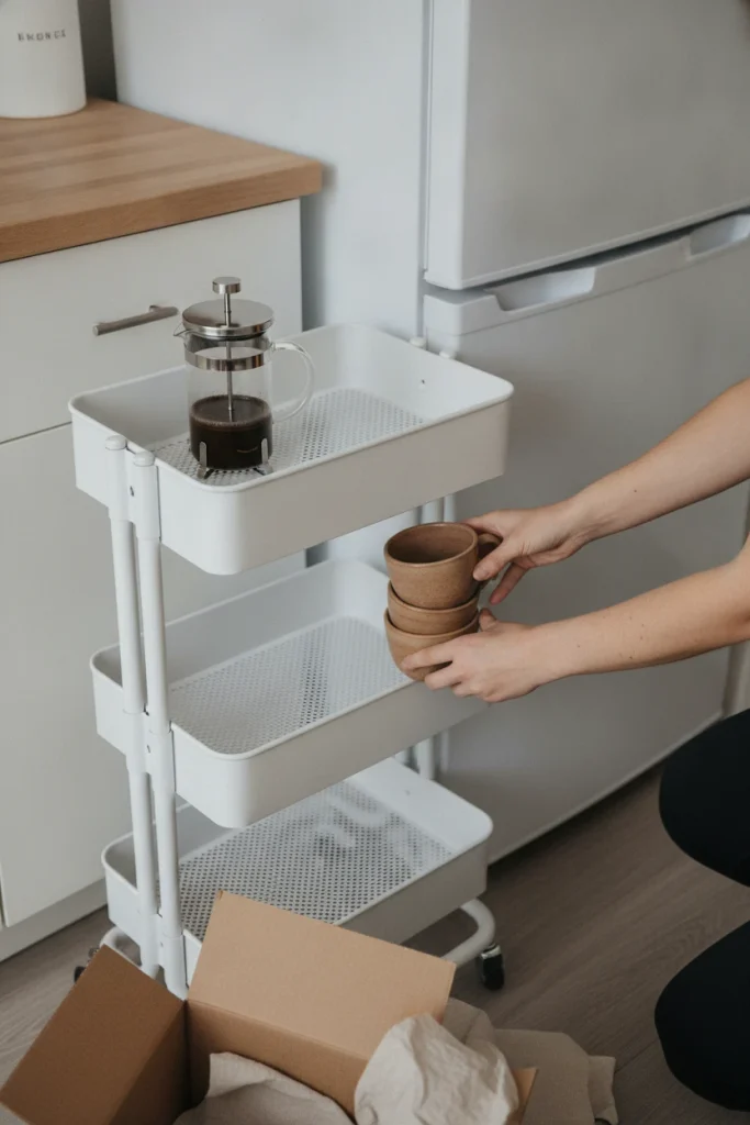 Hands loading mugs onto a small rolling cart coffee station beside a fridge
