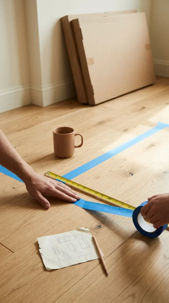 Hands marking a 4-foot square with painter's tape to size a small reading nook corner