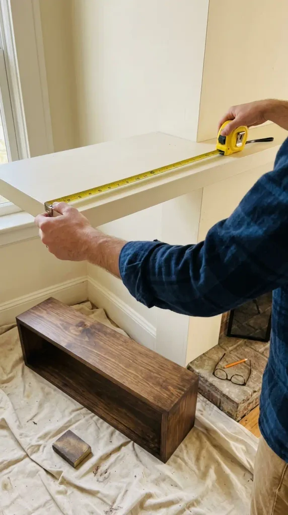 Hands measuring a mantel shelf for a slide on hollow wood mantel in a rental