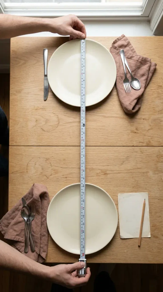 Hands measuring a small table between two plates to plan Thanksgiving table ideas for small spaces