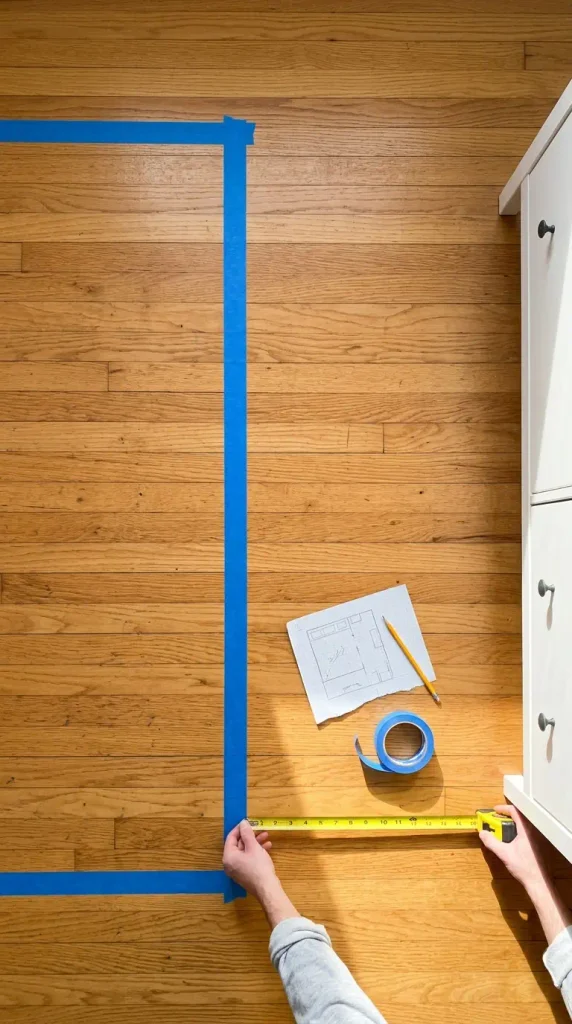 Hands measuring a taped twin bed outline on a bedroom floor before buying a bed for a small room