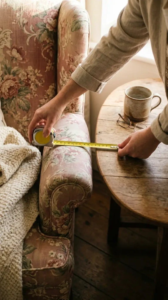 Hands measuring a wingback chair arm against a side table height for an English cottage reading nook