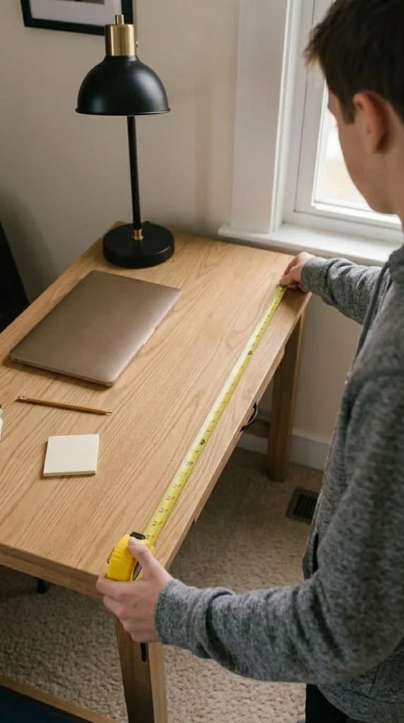 Hands measuring desk depth for a teen boy bedroom desk zone beside a window