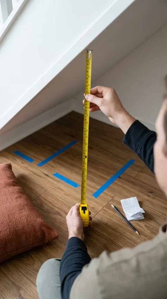 Hands measuring headroom under the stairs with a tape measure and painter's tape zones