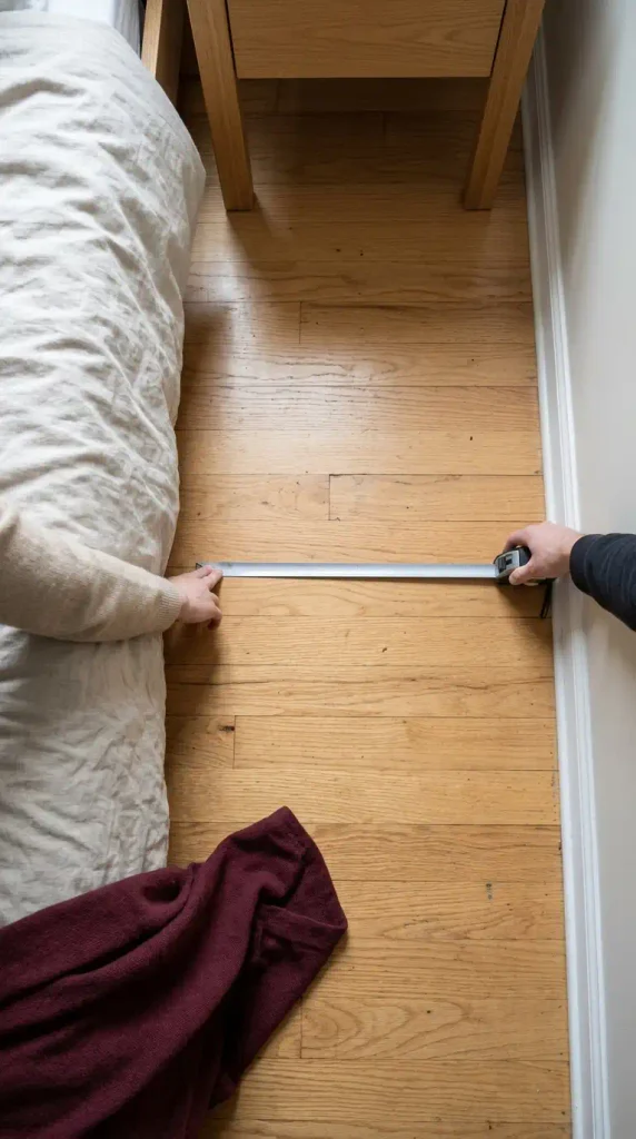 Hands measuring the walking path beside a bed before setting up an xmas bedroom