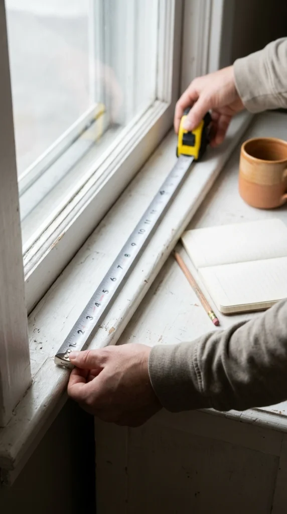 Hands measuring window sill depth with a tape measure before setting up a reading nook