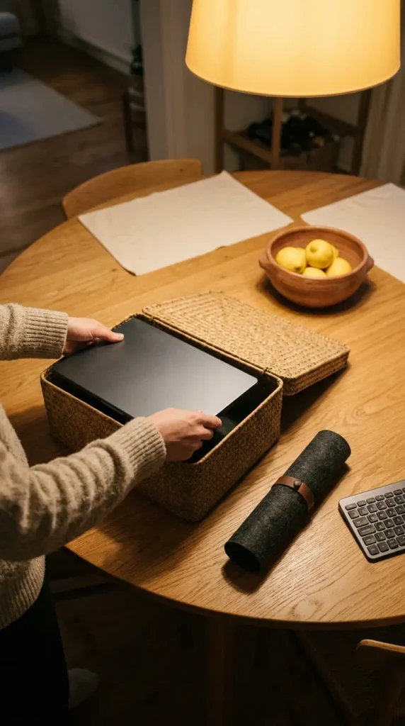 Hands packing a laptop into a lidded woven box on a dining table used as a small office