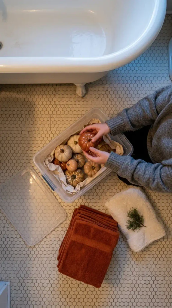 Hands packing ceramic pumpkins into a storage bin while swapping fall bathroom decor for winter