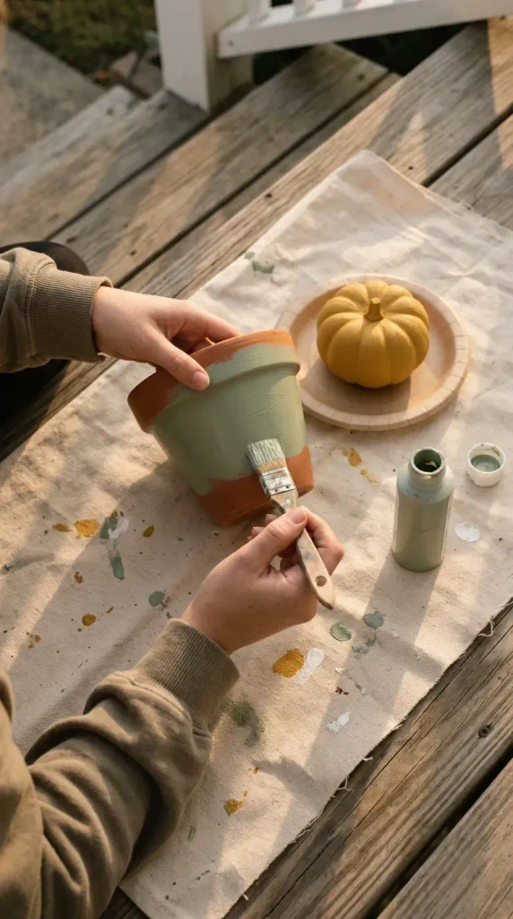 Hands painting a terracotta pot sage green for low-cost fall door decor on porch steps