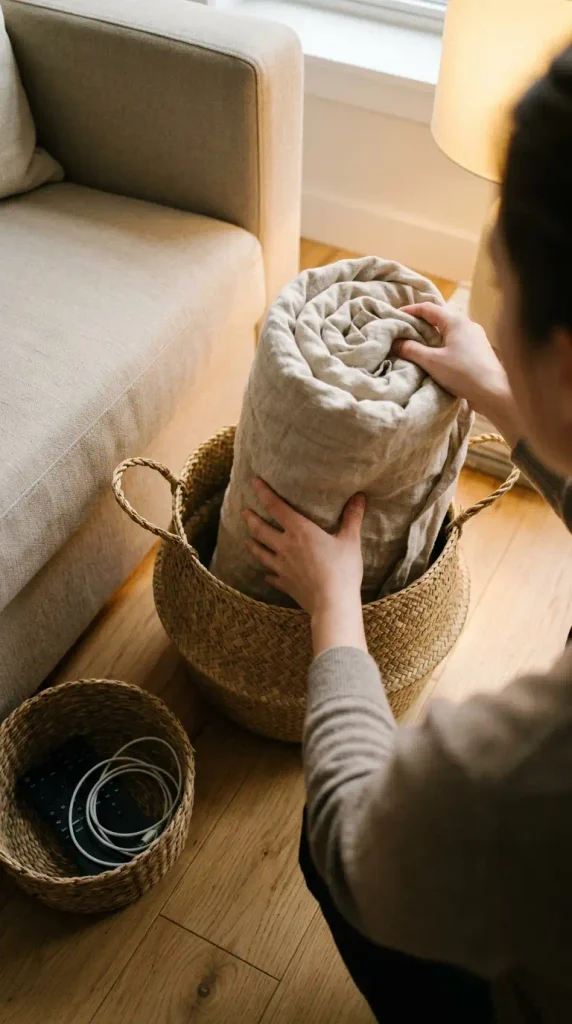 Hands placing a rolled linen throw into a seagrass basket beside a beige sofa to hide clutter