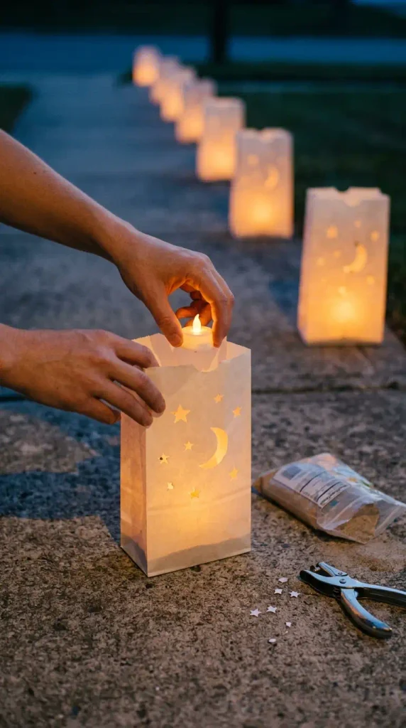 Hands placing an LED tea light in a paper bag luminaria along a front walk for Halloween