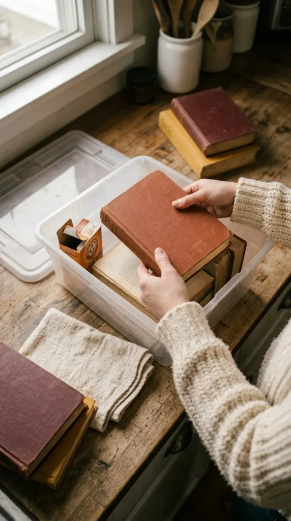 Hands placing an old hardcover into a bin with baking soda to remove the musty smell
