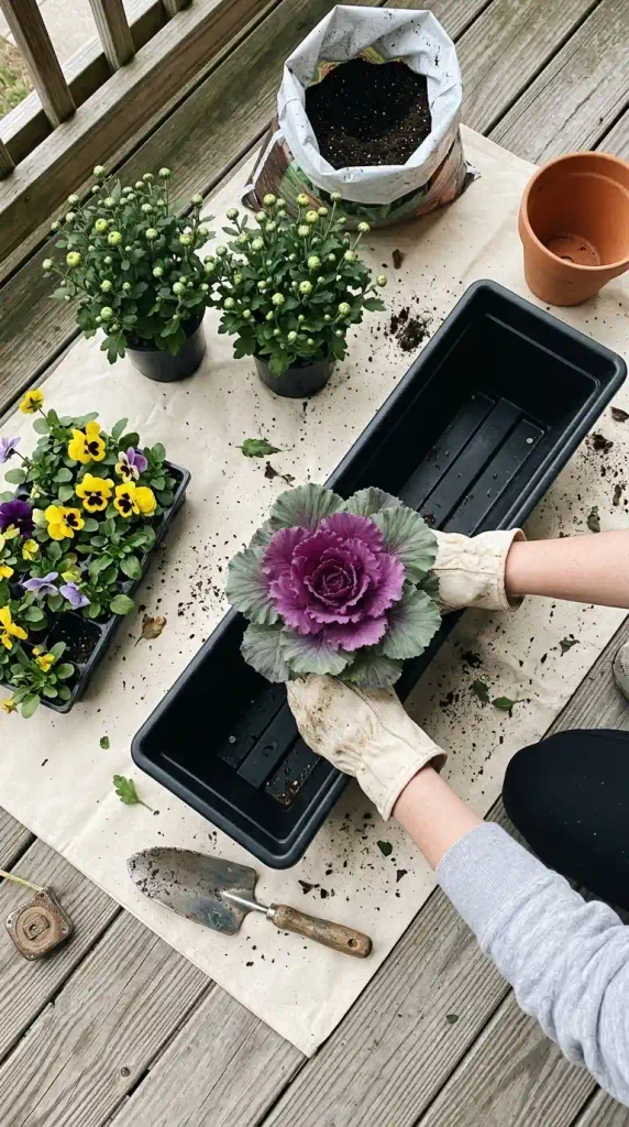 Hands planting ornamental kale in a 24-inch fall window box with mums and pansies waiting in pots