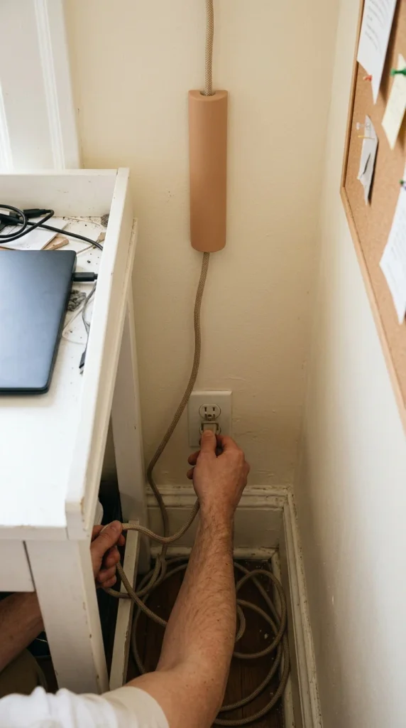 Hands plugging a wall sconce into an outlet behind a corner desk in a small office