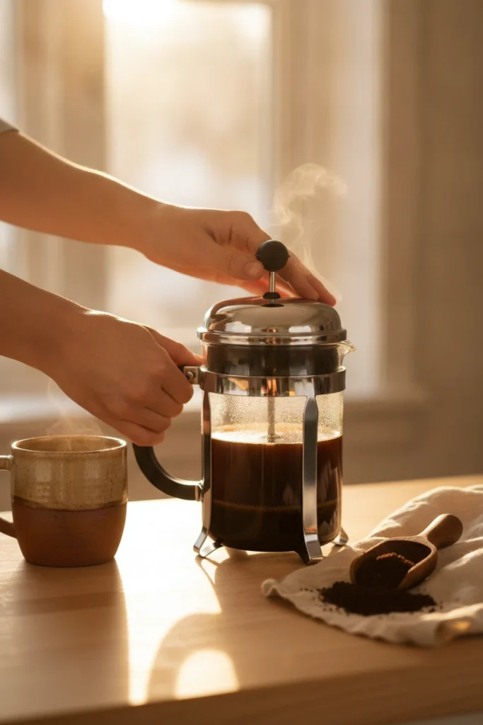 Hands pressing a French press plunger at a small home coffee station in morning light