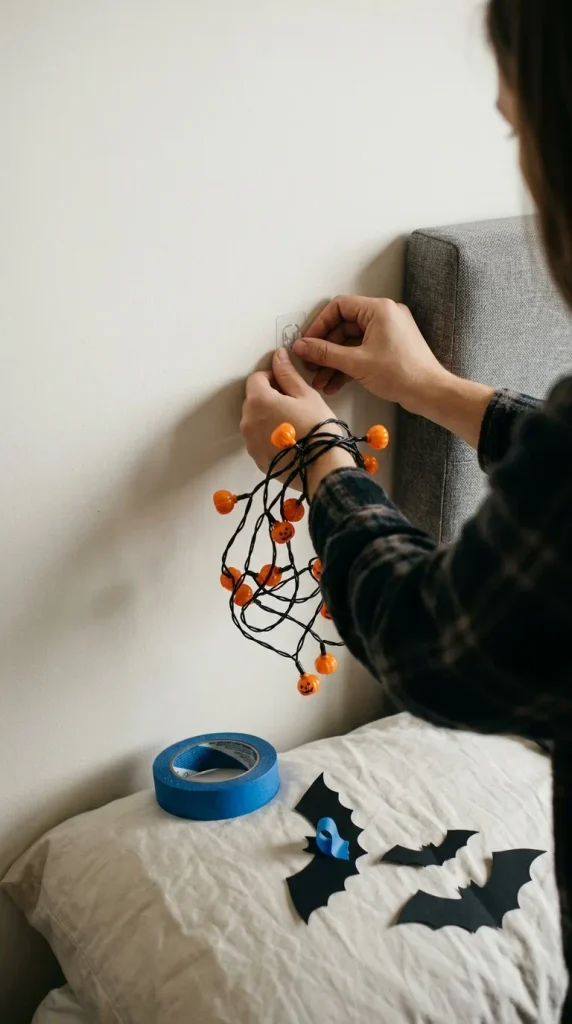Hands pressing a clear adhesive hook by a headboard to hang Halloween pumpkin lights without nails in a rental bedroom