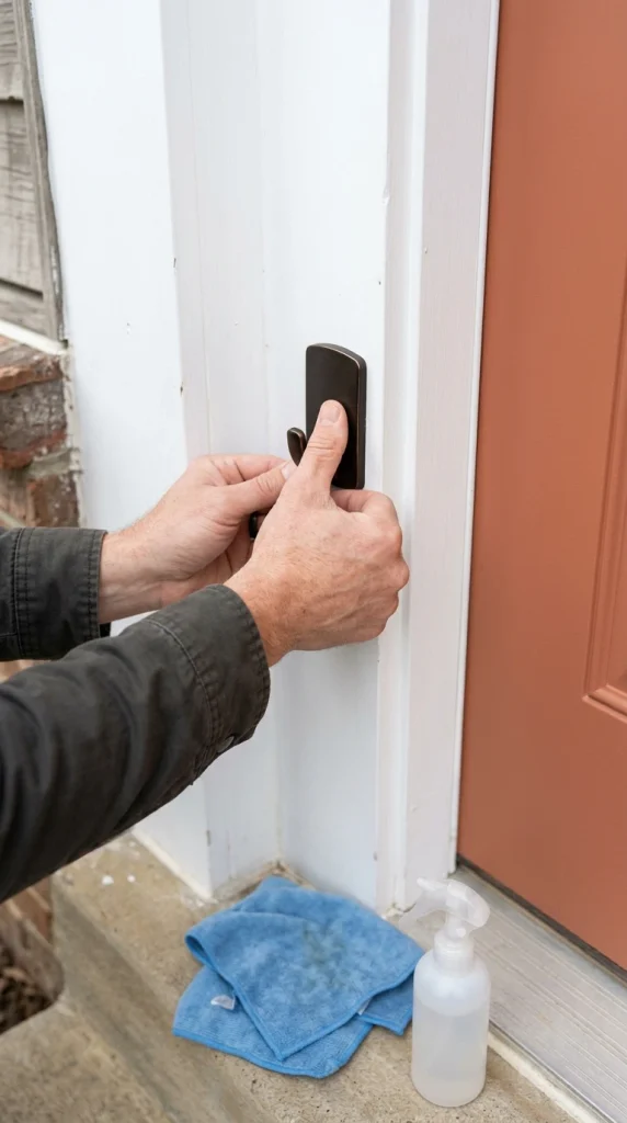 Hands pressing a no-drill outdoor hook onto door trim to hang fall door decor in a rental