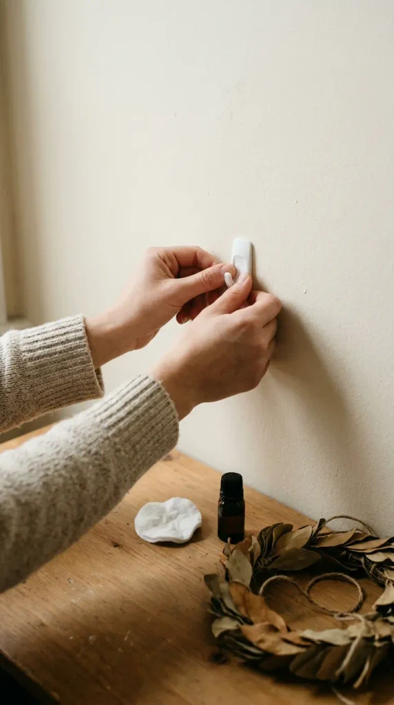Hands pressing a removable adhesive hook onto a wall for no drill fall office decor