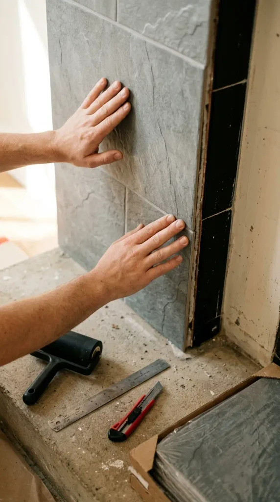 Hands pressing peel and stick tile onto a rental fireplace surround