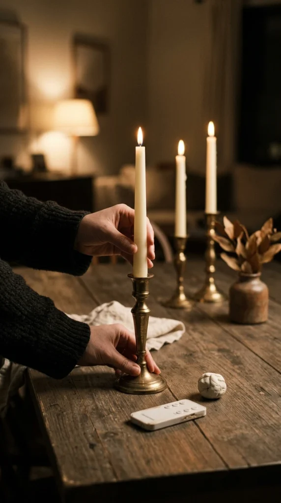 Hands setting flameless LED taper candles into brass candlesticks for a budget Thanksgiving table