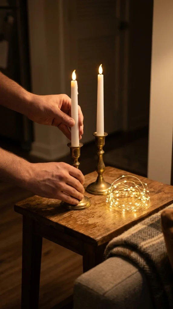 Hands setting flameless LED taper candles into brass candlesticks next to warm white LED lights