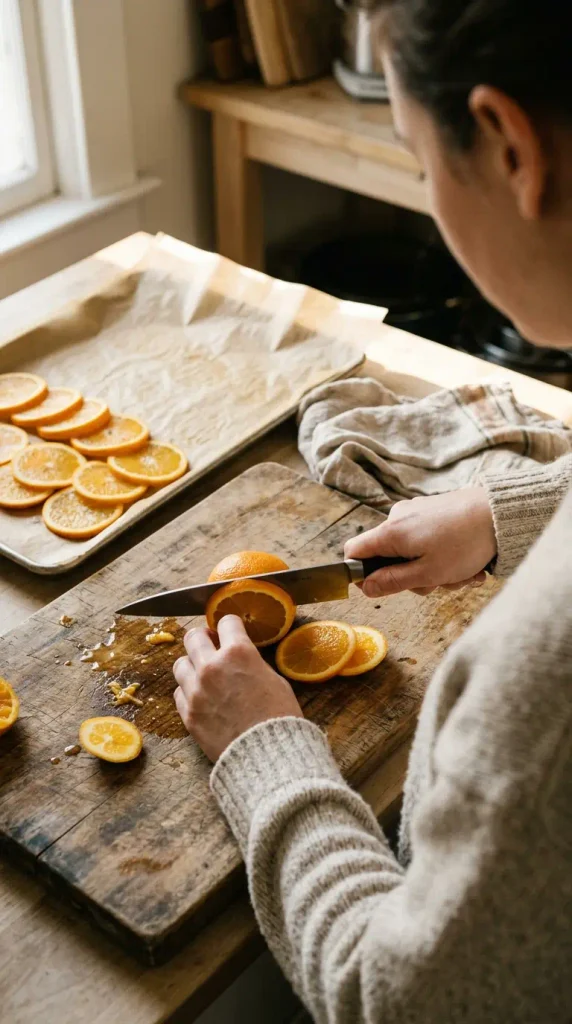 Hands slicing oranges into thin rounds for oven-dried fall decor