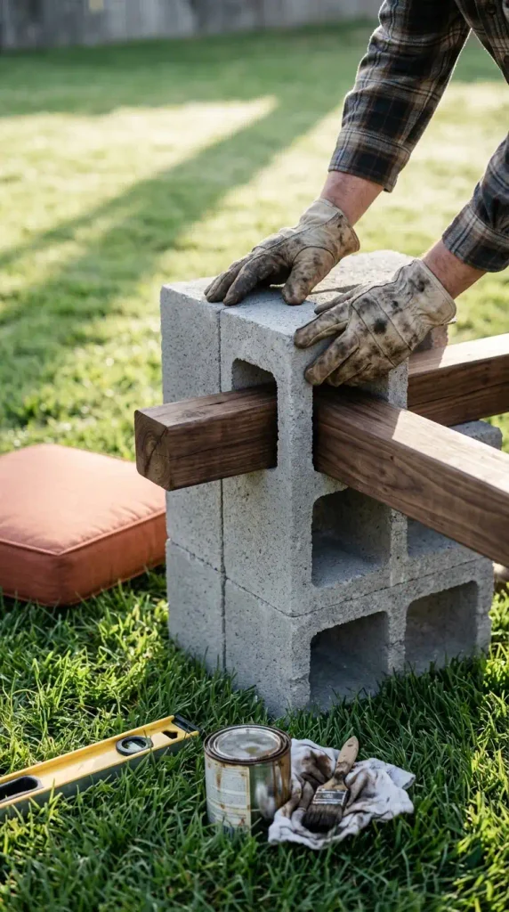 Hands sliding a wood post into concrete blocks to build a DIY backyard bench