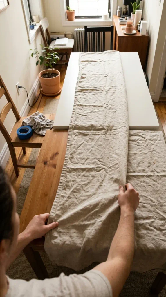 Hands smoothing one tablecloth over a desk and dining table pushed together for a small Thanksgiving table