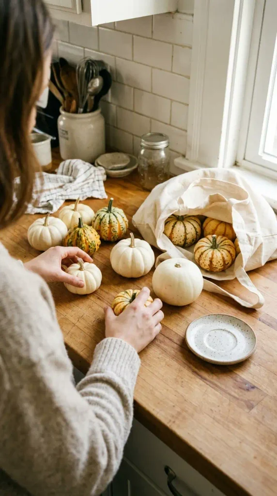 Hands sorting white mini pumpkins and tiger stripe gourds on a kitchen counter for Thanksgiving
