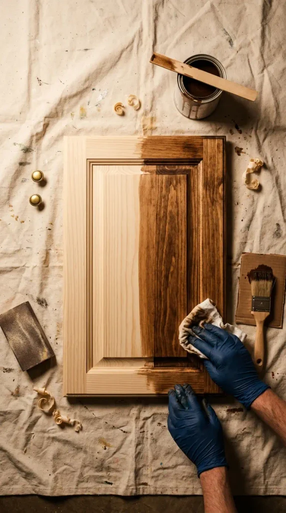 Hands staining a raw pine IKEA IVAR cabinet door walnut, with brass knobs nearby