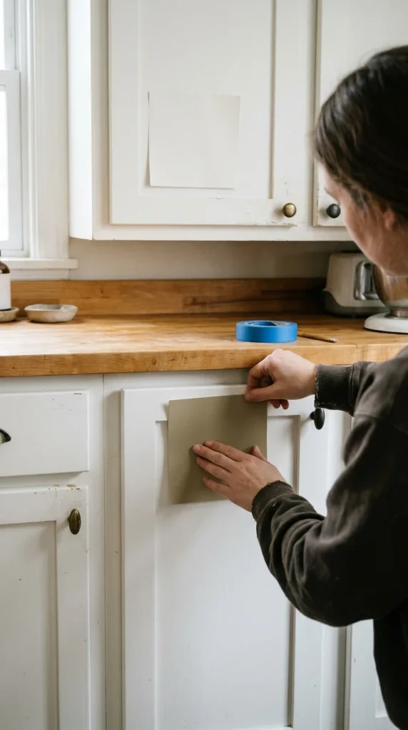 Hands sticking khaki and warm white paint samples on a cabinet door to test warm neutral kitchen colors