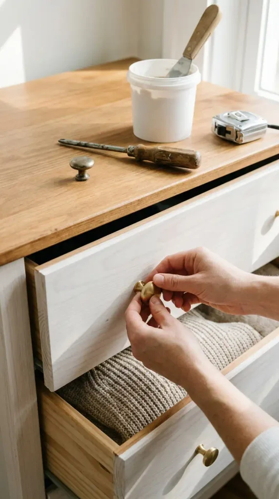 Hands swapping stock knobs for unlacquered brass on an IKEA HEMNES dresser