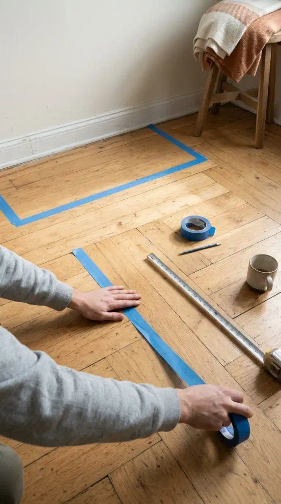 Hands taping a sofa outline on the floor to plan a small apartment living room layout
