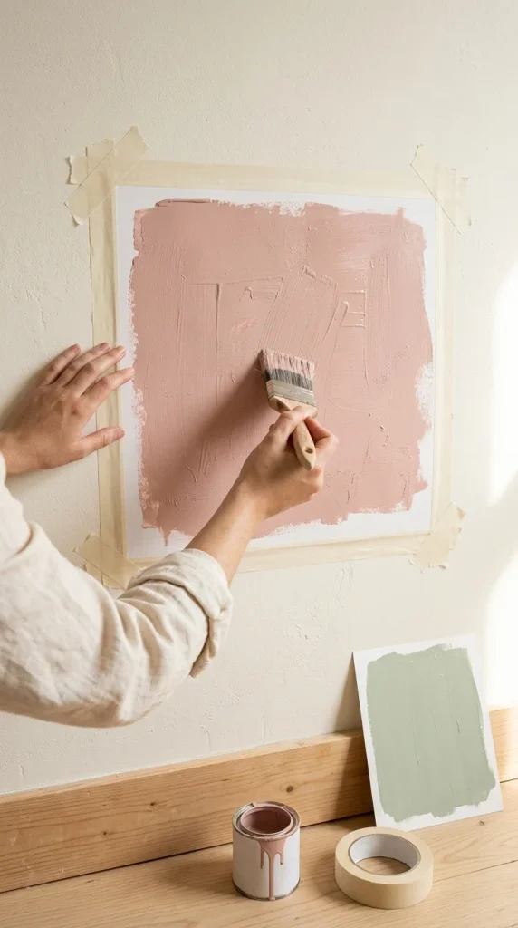 Hands testing a plaster pink paint swatch on poster board for an English cottage bedroom