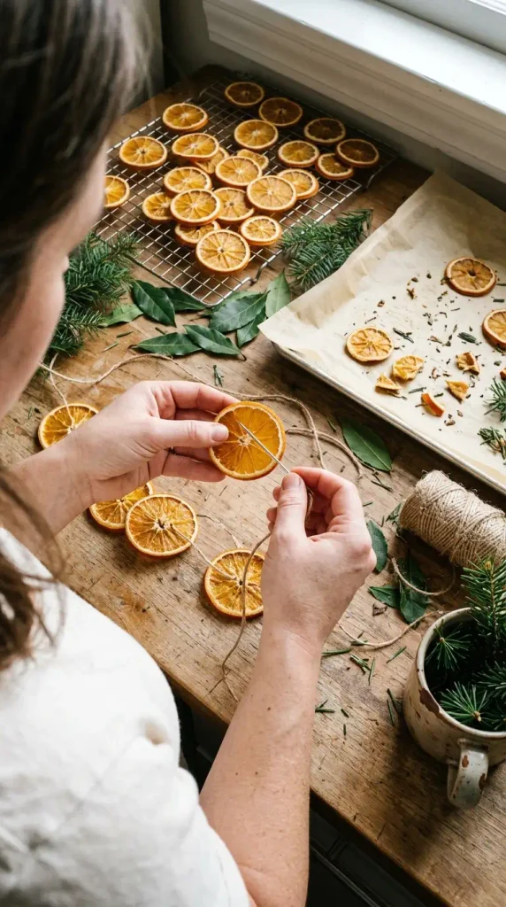 Hands threading dried orange slices on jute twine for a DIY holiday garland