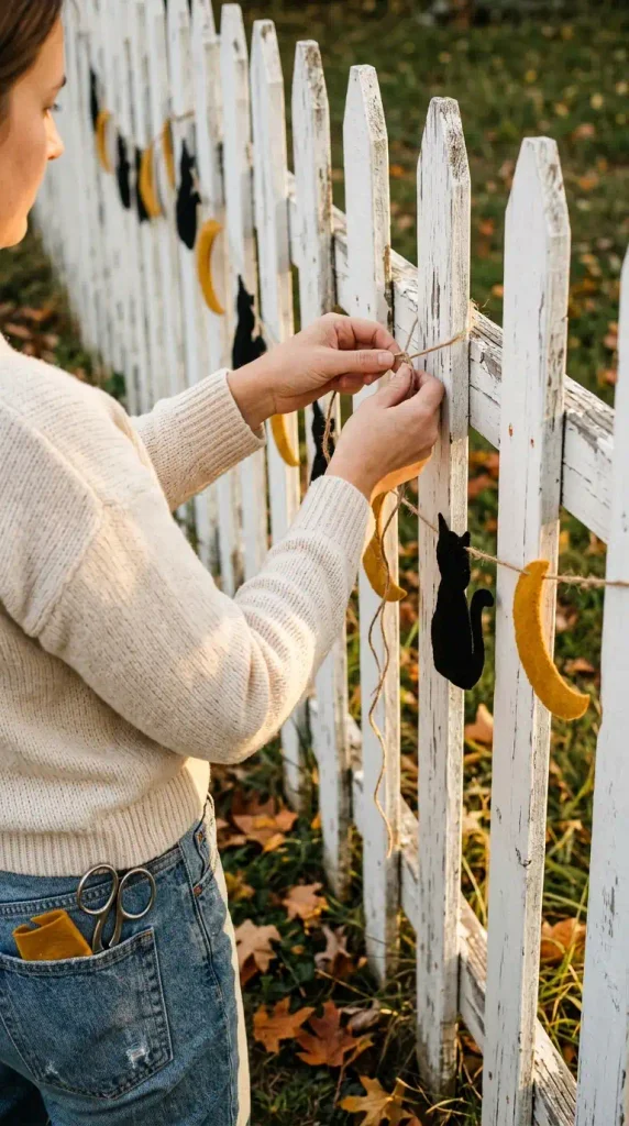 Hands tying black cat felt bunting to a picket fence, a DIY Halloween yard decoration