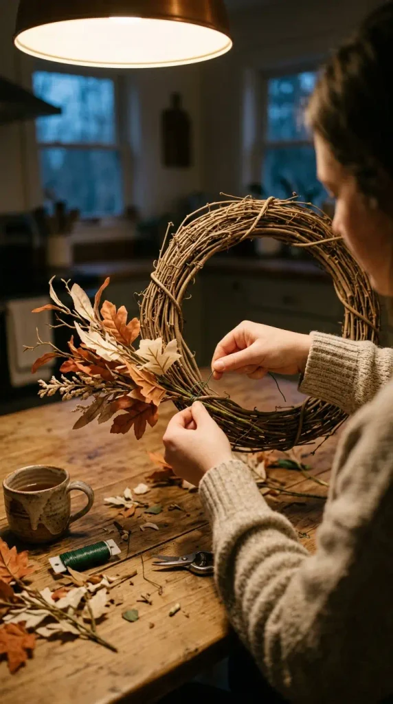 Hands wiring a fall swag onto a grapevine wreath base for budget fall door decor at a kitchen table