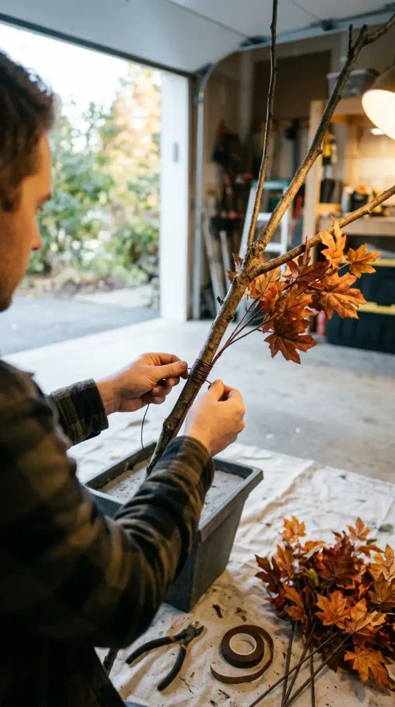 Hands wiring faux maple stems to a real branch to build a DIY fall tree