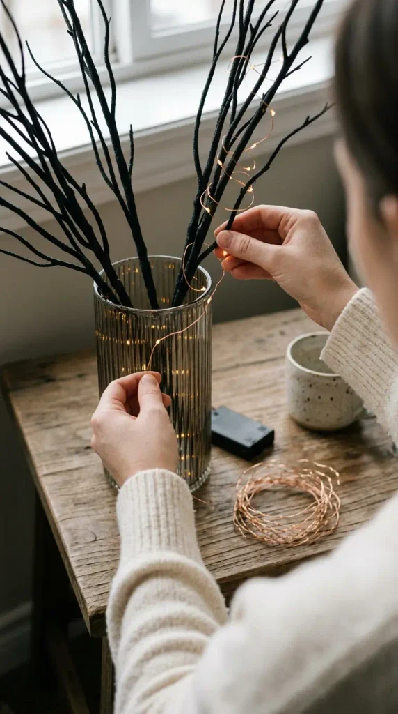Hands wrapping battery fairy lights around faux black branches in a vase for living room Halloween decor