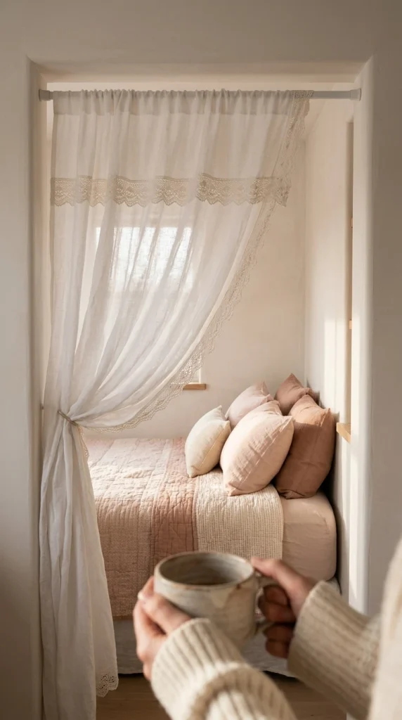 Twin Bed Ideas for Small Room in a wall recess behind a sheer lace curtain on a tension rod, a renter-safe alcove bed