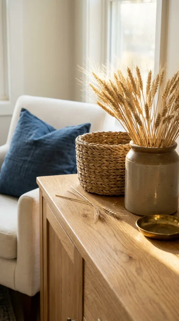 Handwoven basket and ink-blue pillow updating a modern farmhouse living room for 2026