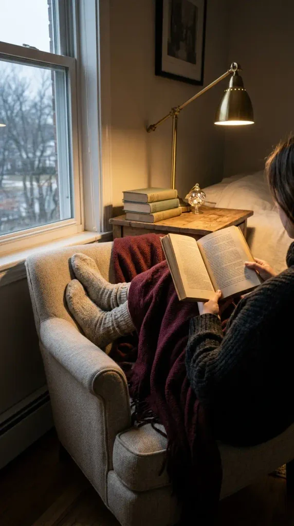 Holiday reading corner in a bedroom with an armchair, a burgundy throw, and a swing arm lamp