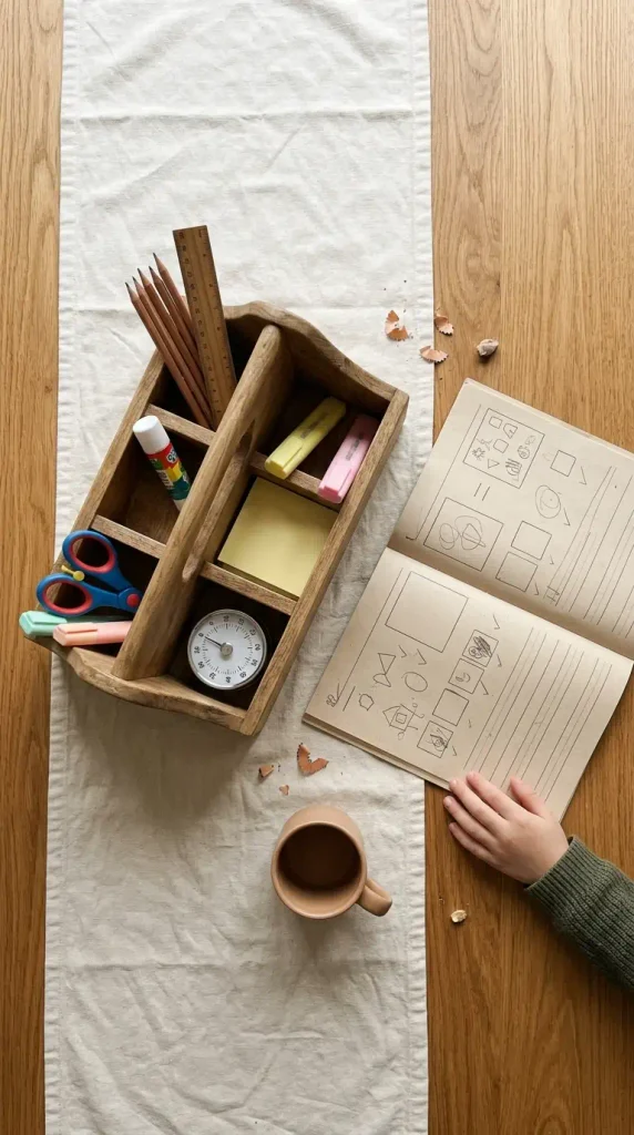 Homework caddy on a kitchen table stocked with pencils, ruler, scissors and a timer