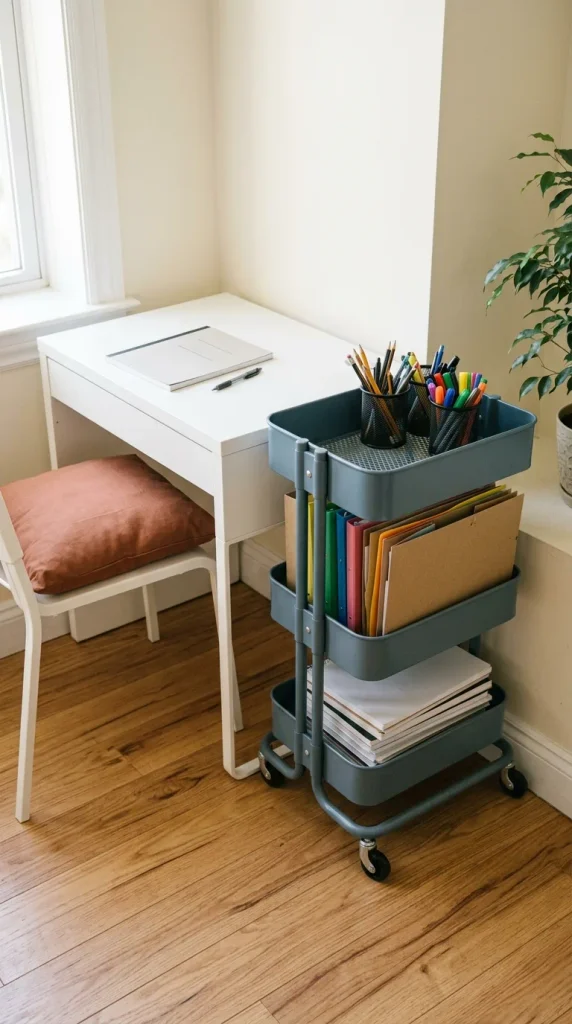 Homework station for small spaces with a compact desk and three-tier rolling supply cart
